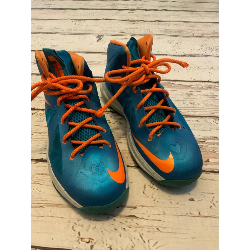 Nike LeBron X GS Blue Diamond Photo Blue‎ Orange Basketball Shoes 543564-402 7Y